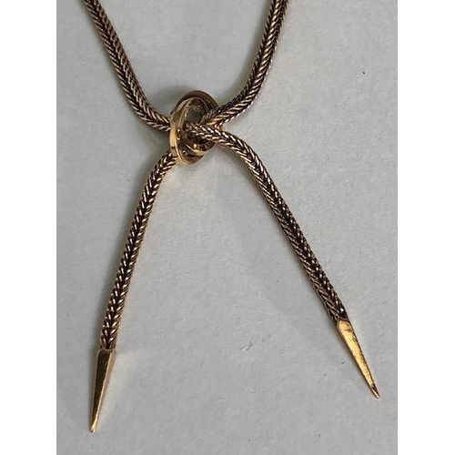 20 - 375 marked gold lariat necklace of square herring bone design, approximately 16 inch and 8.07g