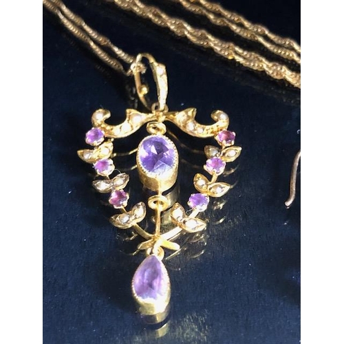 22 - Antique jewellery, 9ct gold marked Amethyst and seed pearl pendant on a 9ct gold marked twist chain,... 