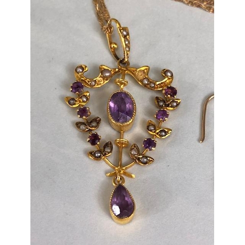 22 - Antique jewellery, 9ct gold marked Amethyst and seed pearl pendant on a 9ct gold marked twist chain,... 