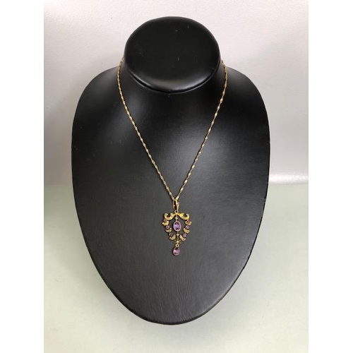 22 - Antique jewellery, 9ct gold marked Amethyst and seed pearl pendant on a 9ct gold marked twist chain,... 