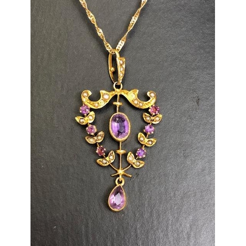 22 - Antique jewellery, 9ct gold marked Amethyst and seed pearl pendant on a 9ct gold marked twist chain,... 