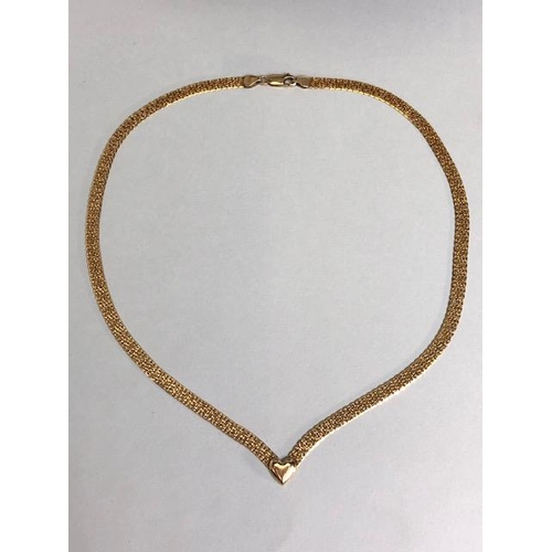 27 - 375 marked gold collaret necklace, flat bark design with heart, approximately 6.3g