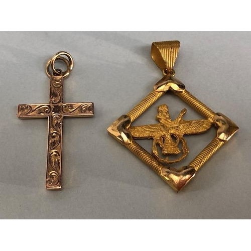 34 - 9ct gold marked cross, approximately 1.2g, and an Egyptian pendant marked Gold 750, approximately 5.... 