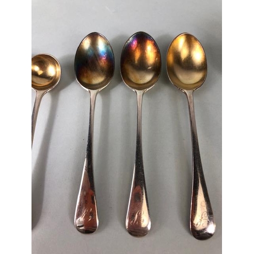 59 - Antique silver, collection of English hallmarked assorted silver condiment spoons, fork, and ladle, ... 