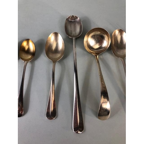 59 - Antique silver, collection of English hallmarked assorted silver condiment spoons, fork, and ladle, ... 