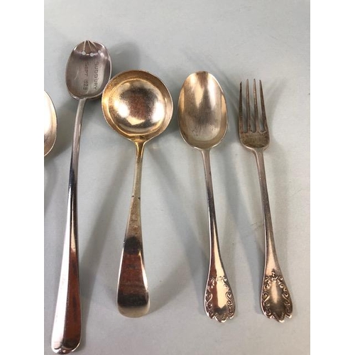 59 - Antique silver, collection of English hallmarked assorted silver condiment spoons, fork, and ladle, ... 