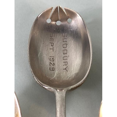 59 - Antique silver, collection of English hallmarked assorted silver condiment spoons, fork, and ladle, ... 