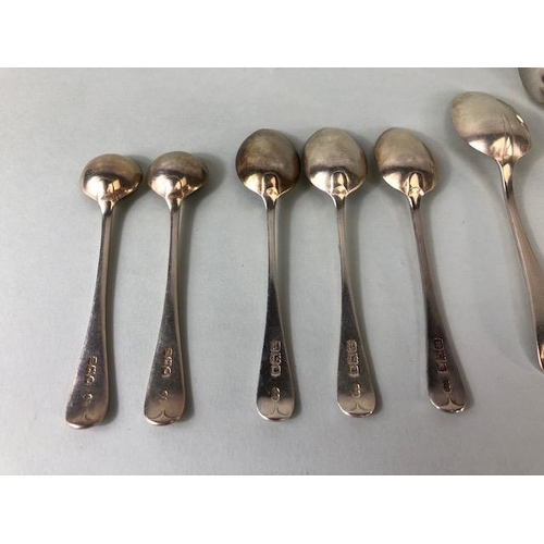 59 - Antique silver, collection of English hallmarked assorted silver condiment spoons, fork, and ladle, ... 