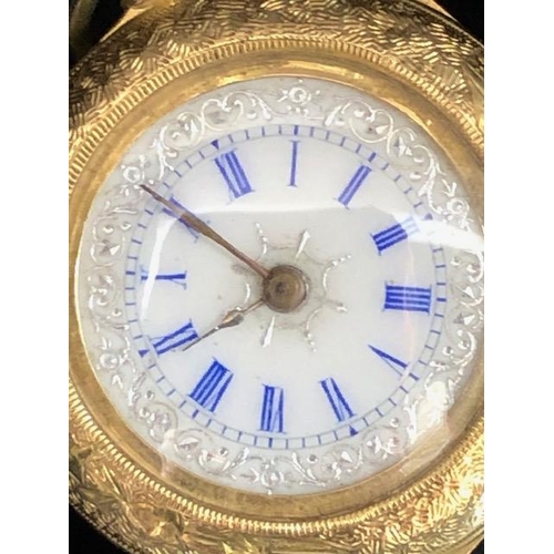 6 - Antique 18ct gold and enamel cased ladies long guard watch, the white face with engraved decoration ... 