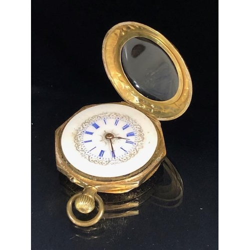 6 - Antique 18ct gold and enamel cased ladies long guard watch, the white face with engraved decoration ... 