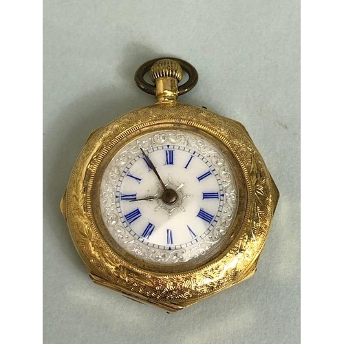 6 - Antique 18ct gold and enamel cased ladies long guard watch, the white face with engraved decoration ... 