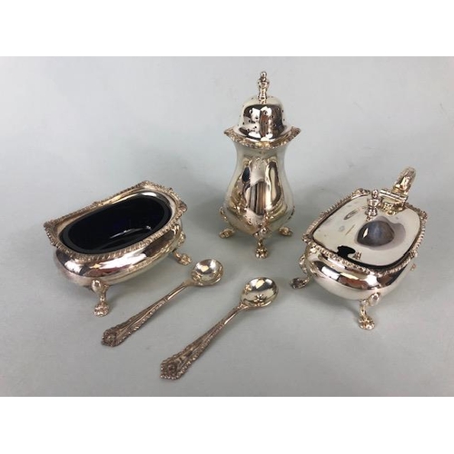 62 - Presentation boxed Silver hallmarked cruet set comprising Salt, Mustard with blue glass liners and P... 