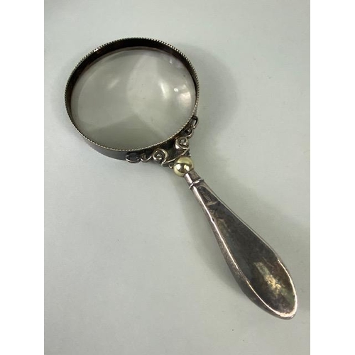 63 - Antique magnifying glass with English Silver hallmarked handle with nickle frame, lens approximately... 