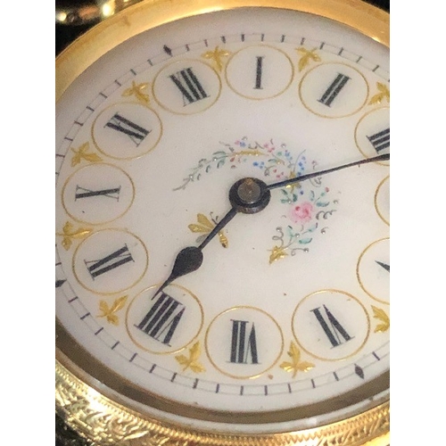 1 - 18k Gold pocket watch with white enamel dial with roman numerals framed in gold and a floral spray d... 