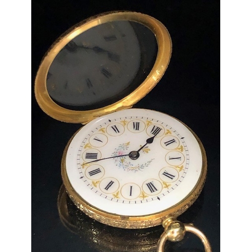 1 - 18k Gold pocket watch with white enamel dial with roman numerals framed in gold and a floral spray d... 