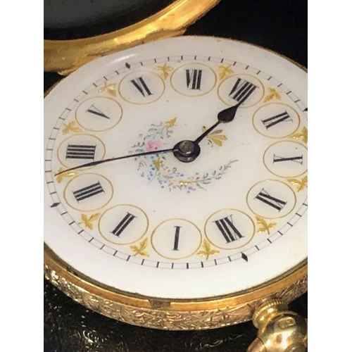 1 - 18k Gold pocket watch with white enamel dial with roman numerals framed in gold and a floral spray d... 