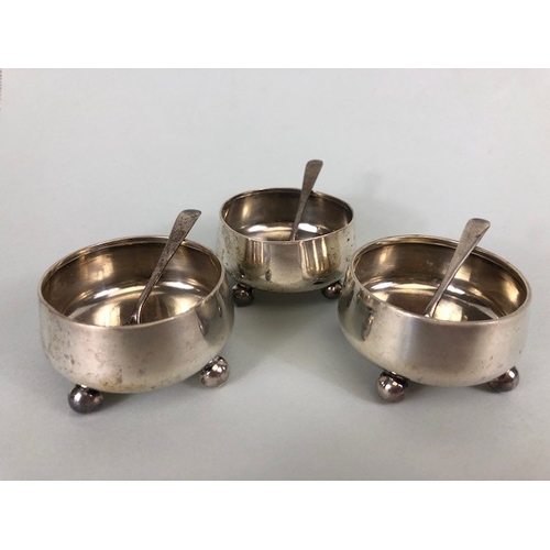 10 - Three hallmarked round Silver salts each on bun feet with matching hallmarked silver spoons (total 1... 