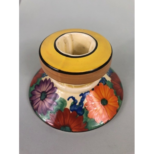 121 - Clarice Cliff, Art Deco interest, group of ceramics to include a pair of GAYDAY squat candle holders... 