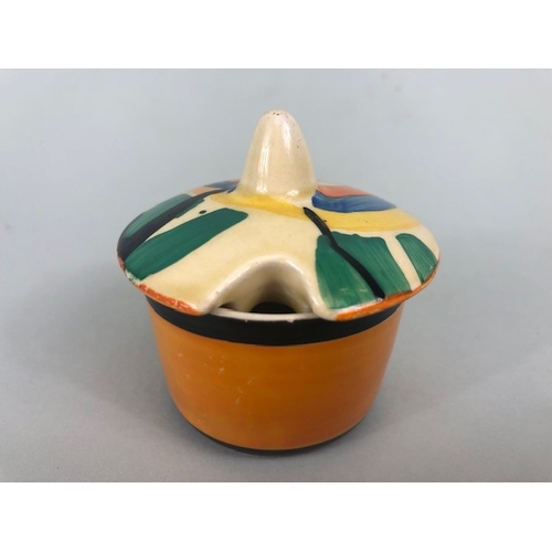 121 - Clarice Cliff, Art Deco interest, group of ceramics to include a pair of GAYDAY squat candle holders... 