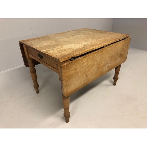 138 - Antique Furniture, 19th century pine farm house drop leaf table, turned legs and knife drawer at one... 