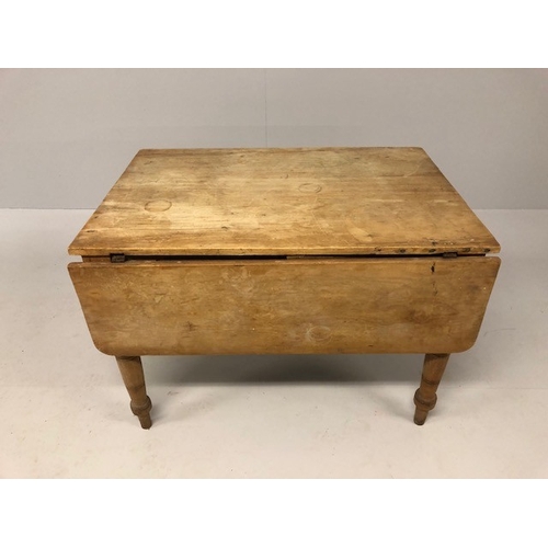 138 - Antique Furniture, 19th century pine farm house drop leaf table, turned legs and knife drawer at one... 