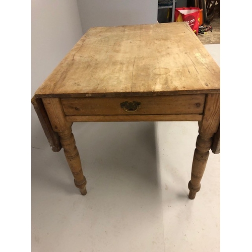 138 - Antique Furniture, 19th century pine farm house drop leaf table, turned legs and knife drawer at one... 