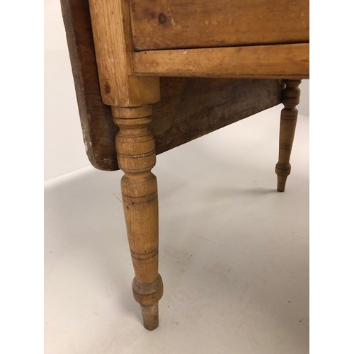 138 - Antique Furniture, 19th century pine farm house drop leaf table, turned legs and knife drawer at one... 