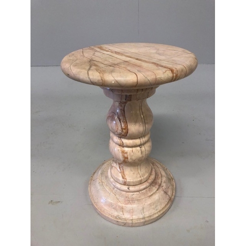 146 - Vintage round pink marble turned column display stand approximately 35 x 50cm