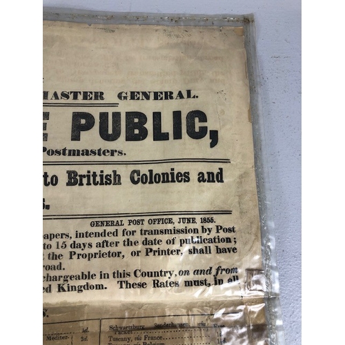 151 - Postal History Interest, historical Victorian Notice, from the Post Master General in 1855, to the g... 