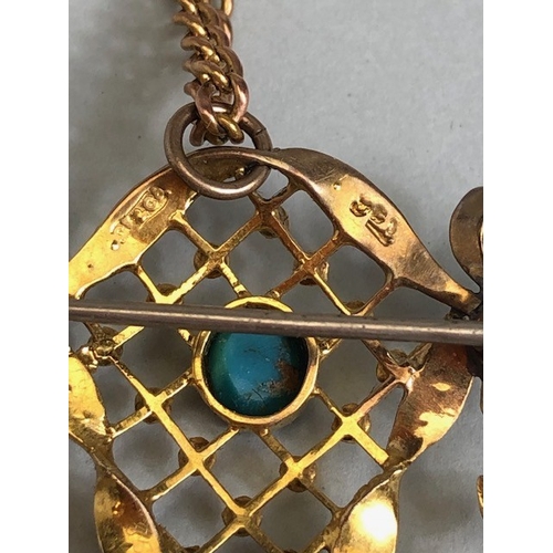 16 - Antique 9ct Gold lattice work pendant set with seed pearls and cabochon cut Turquoise stones, on a 9... 