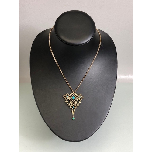 16 - Antique 9ct Gold lattice work pendant set with seed pearls and cabochon cut Turquoise stones, on a 9... 