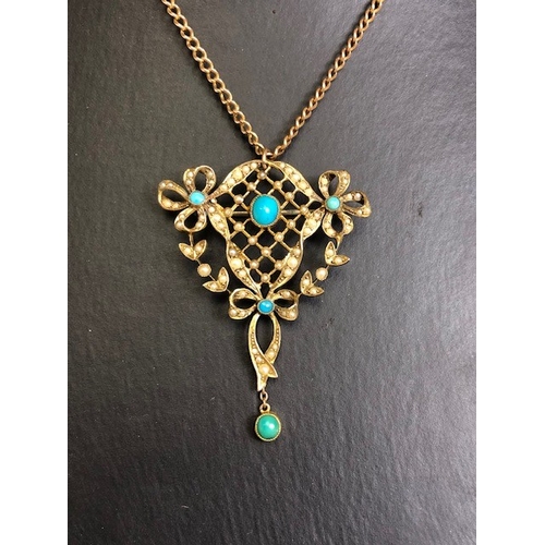 16 - Antique 9ct Gold lattice work pendant set with seed pearls and cabochon cut Turquoise stones, on a 9... 