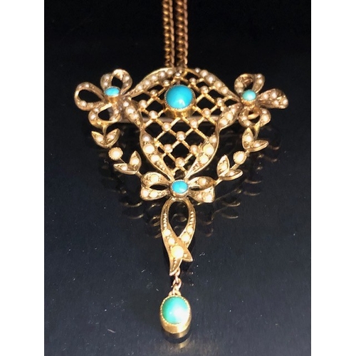 16 - Antique 9ct Gold lattice work pendant set with seed pearls and cabochon cut Turquoise stones, on a 9... 