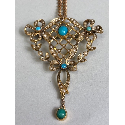 16 - Antique 9ct Gold lattice work pendant set with seed pearls and cabochon cut Turquoise stones, on a 9... 