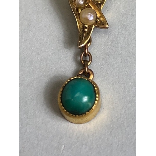 16 - Antique 9ct Gold lattice work pendant set with seed pearls and cabochon cut Turquoise stones, on a 9... 