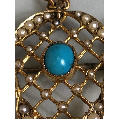 16 - Antique 9ct Gold lattice work pendant set with seed pearls and cabochon cut Turquoise stones, on a 9... 