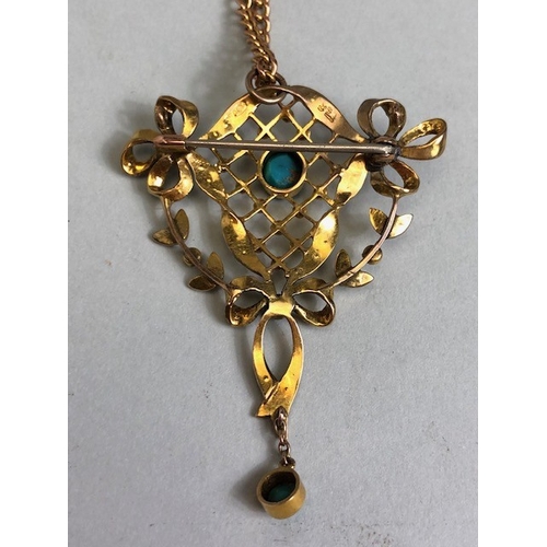 16 - Antique 9ct Gold lattice work pendant set with seed pearls and cabochon cut Turquoise stones, on a 9... 