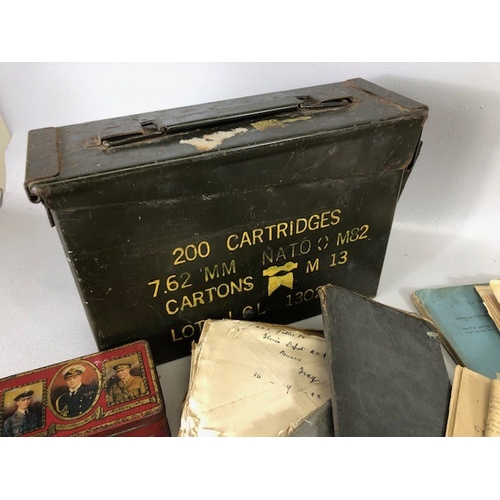 188 - WW1 WW2 Ephemera and collectables to include military documents, letters, booklets, tins and other i... 