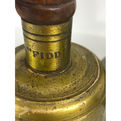 192 - Antique bells, three large hand bells of school type, with turned wooden handles, one marked 