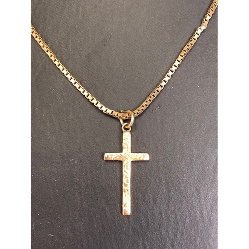 1A - 9ct Gold Box link necklace with engraved 9ct Gold cross pendant approx 6.6g