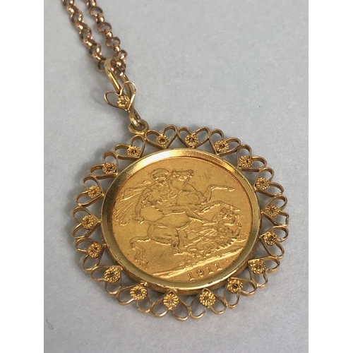 20 - Gold Sovereign dated 1911, in a fancy 9ct pendant mount of hearts, suspended from a 9ct gold belcher... 