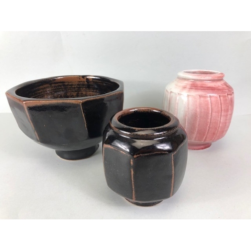 203 - Studio art pottery, Leach studio dark glaze octagonal squat vase, David Leach stamp to base, approxi... 