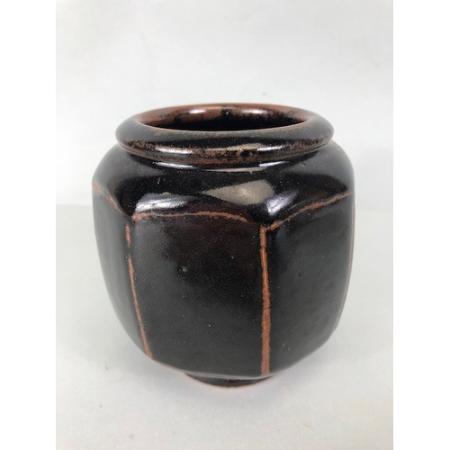 203 - Studio art pottery, Leach studio dark glaze octagonal squat vase, David Leach stamp to base, approxi... 