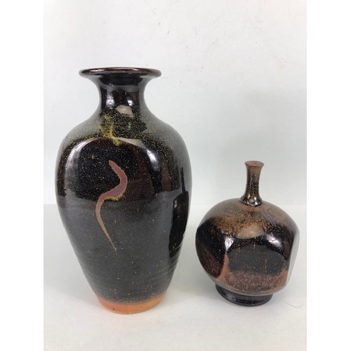 204 - Studio Art Pottery, oriental style dark speckle glaze vase approximately 25cm high, along with a squ... 