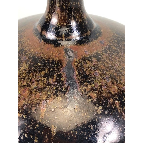 204 - Studio Art Pottery, oriental style dark speckle glaze vase approximately 25cm high, along with a squ... 