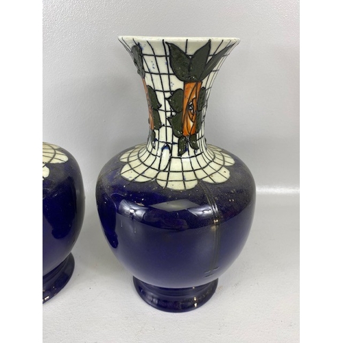 206 - Pair of Arts and crafts design vases, cobalt blue decoration with Mackintosh style trellis  decorati... 