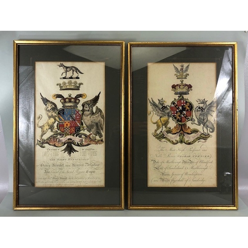 214 - Antique Heraldic pictures, pair of Joseph Edmondson Armorial prints with hand painted details to coa... 