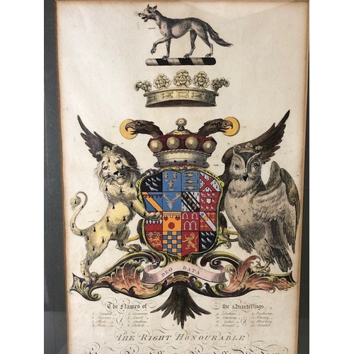 214 - Antique Heraldic pictures, pair of Joseph Edmondson Armorial prints with hand painted details to coa... 