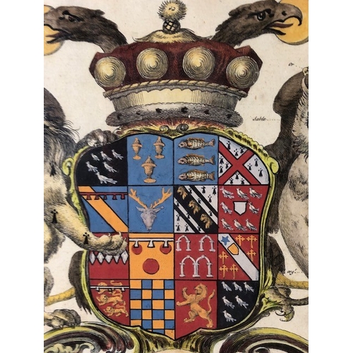 214 - Antique Heraldic pictures, pair of Joseph Edmondson Armorial prints with hand painted details to coa... 