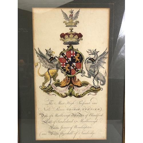 214 - Antique Heraldic pictures, pair of Joseph Edmondson Armorial prints with hand painted details to coa... 